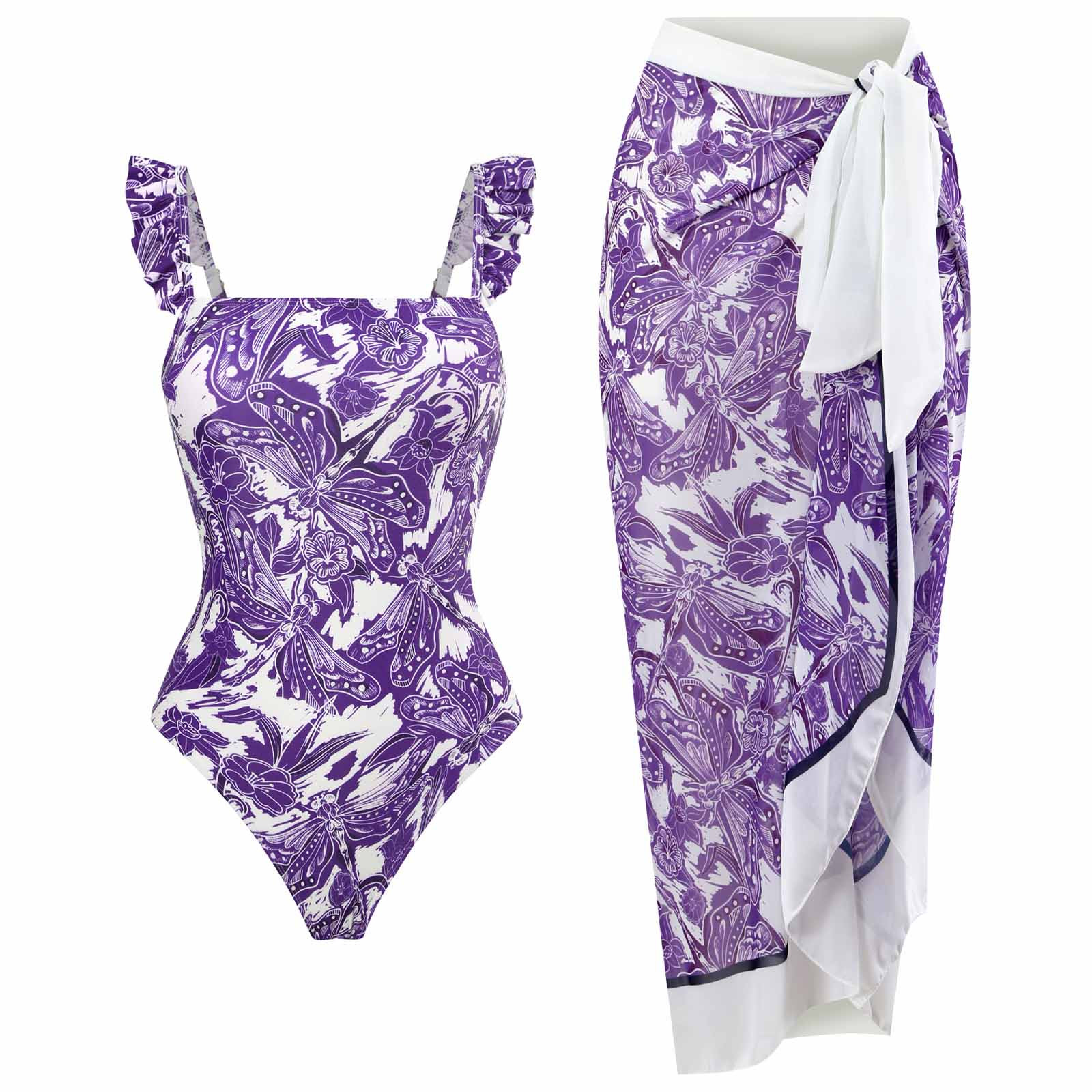Penkiiy Women's Swimwear One-piece Swimsuit Bikini Lace Up Swimsuit Long Skirt Chiffon Two-piece Set Bikinis for Women L Purple 2023 Summer Deal